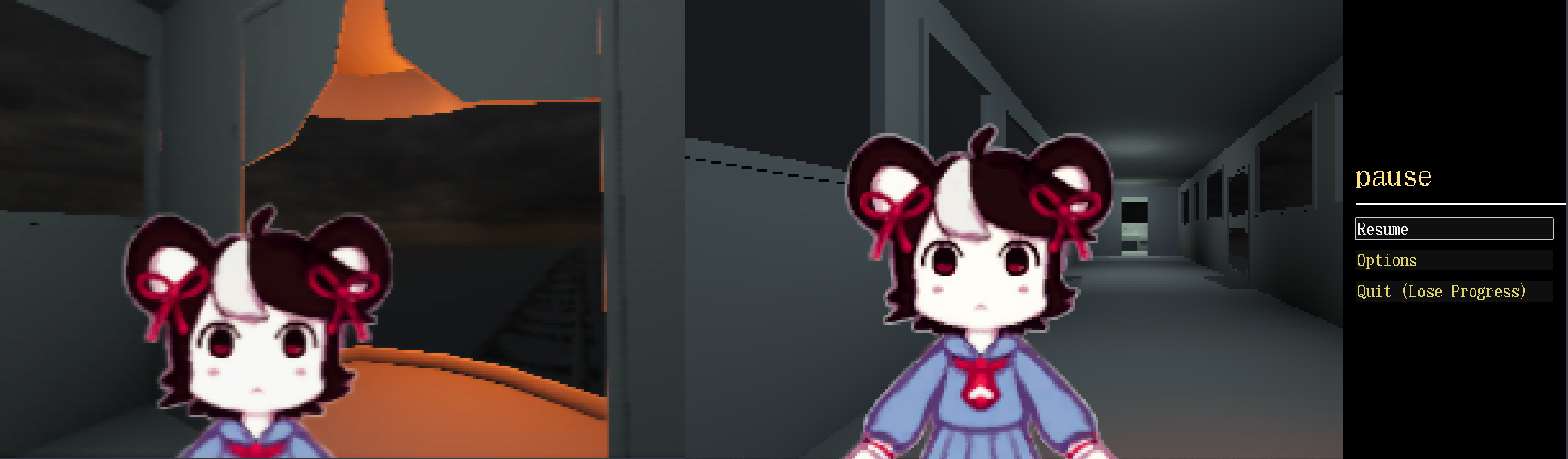 2 Screenshots in a greybox scene, where the camera is focused on a billboard of a mouse girl, with no lighting on the mouse girl so she stands out.